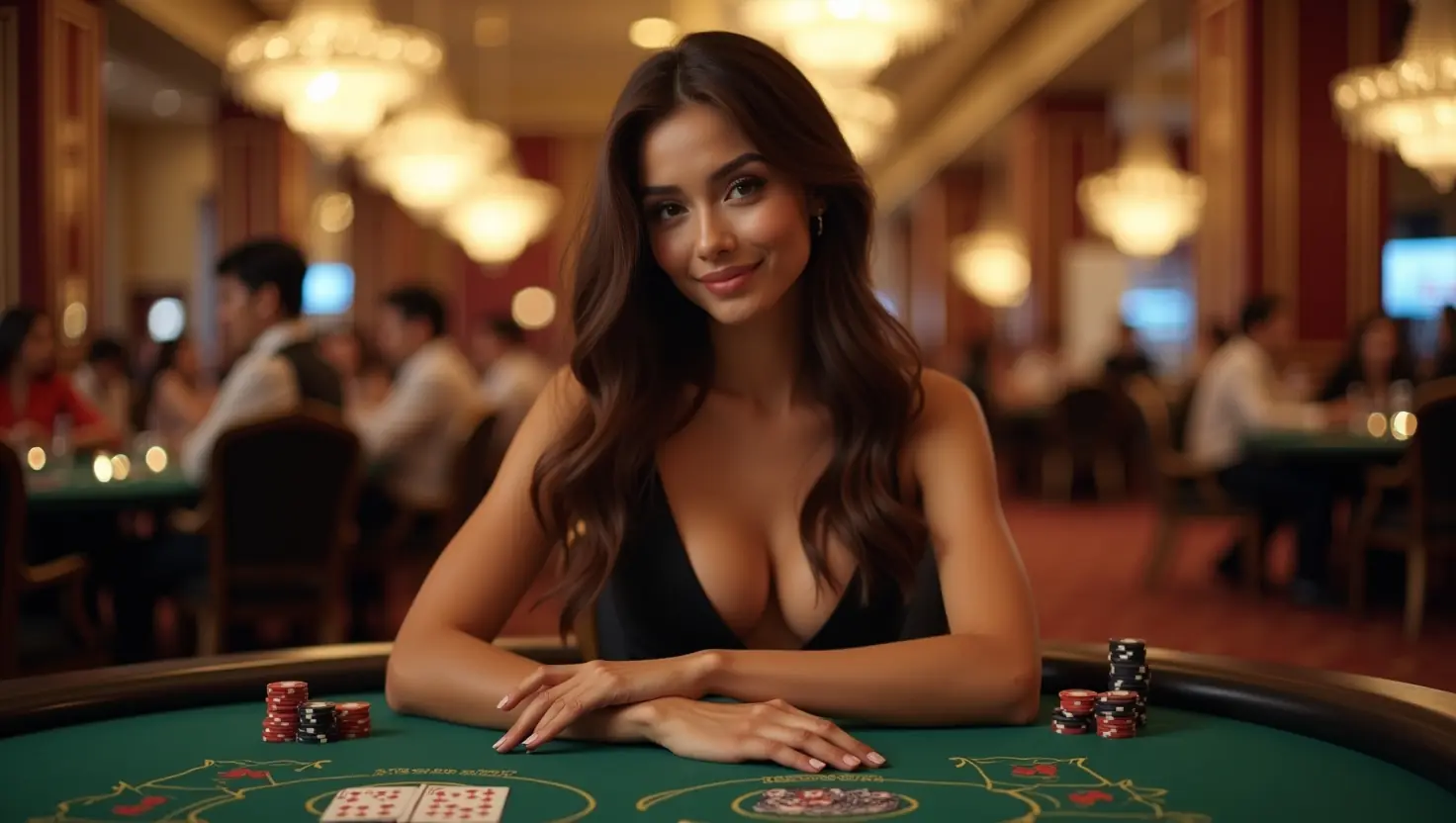 Woman seated at a green baccarat table with chip stacks, a busy casino floor behind her