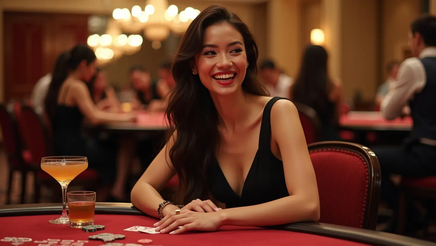 Woman at a red-felt baccarat table with two cocktails, players in the background