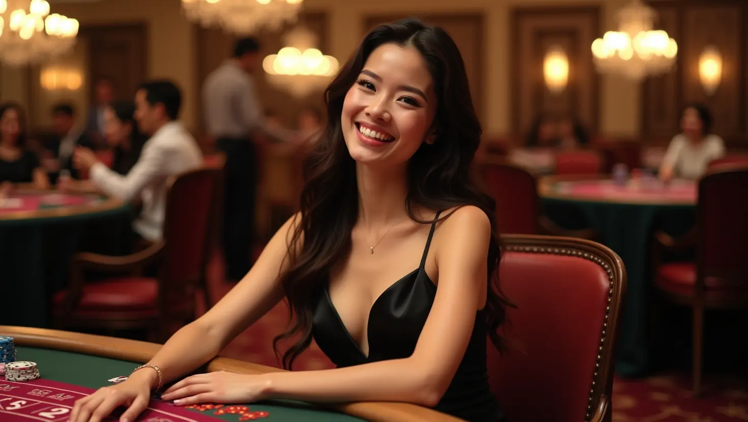 Woman leaning on the rail of a baccarat table, with players at other tables behind her