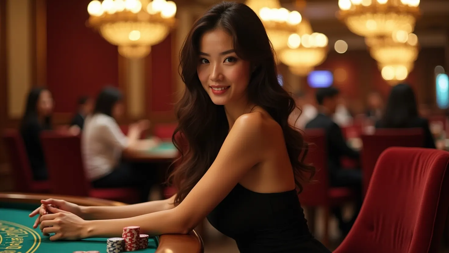 Woman seated side-on at a green baccarat table with chips, red chairs around her