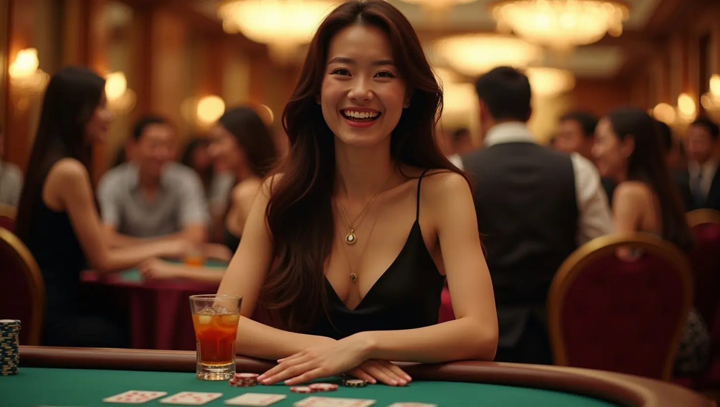 Woman at a green baccarat table with a drink, other players seated around her