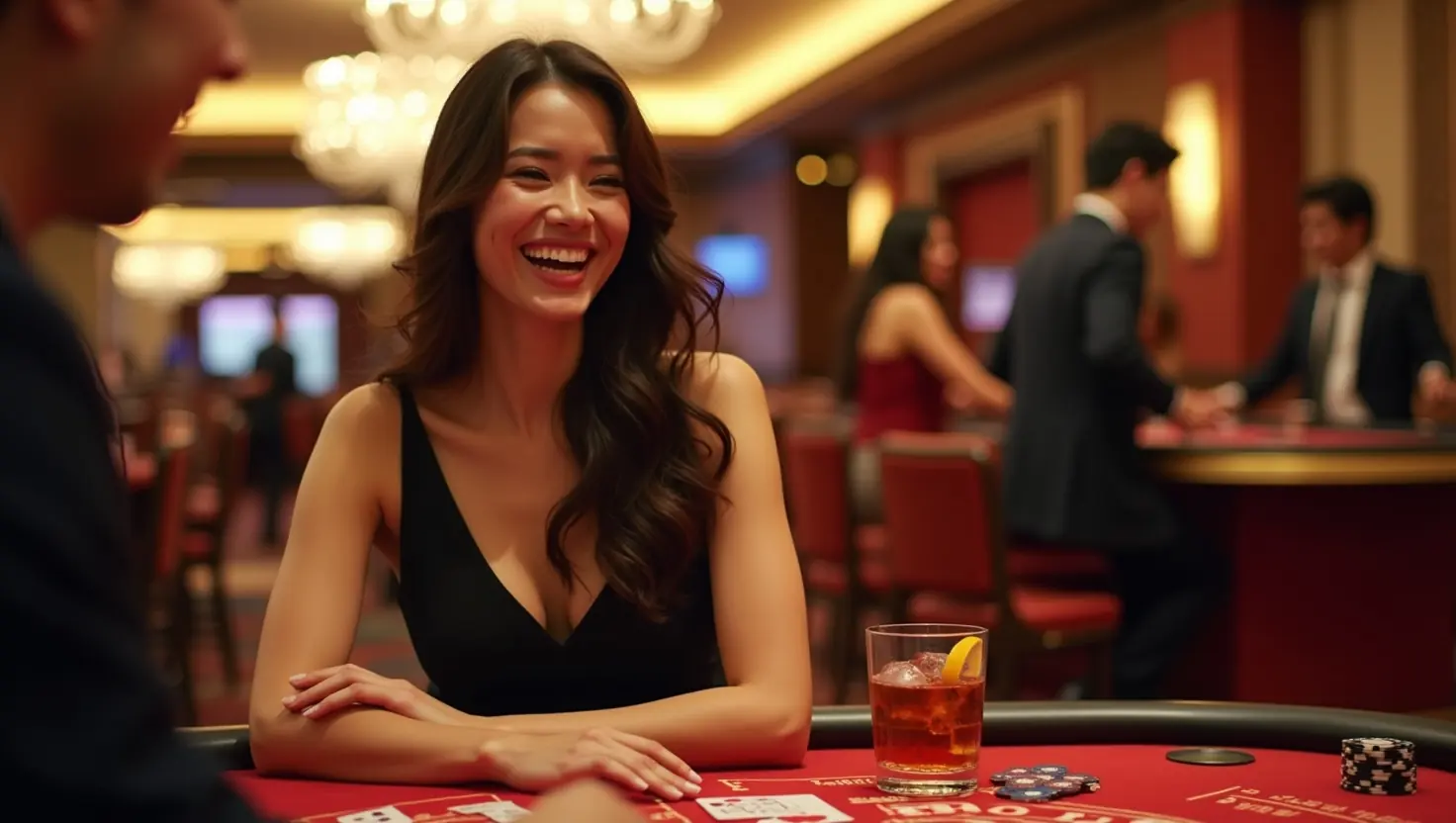 Laughing woman at a red-felt baccarat table with a drink and a stack of chips