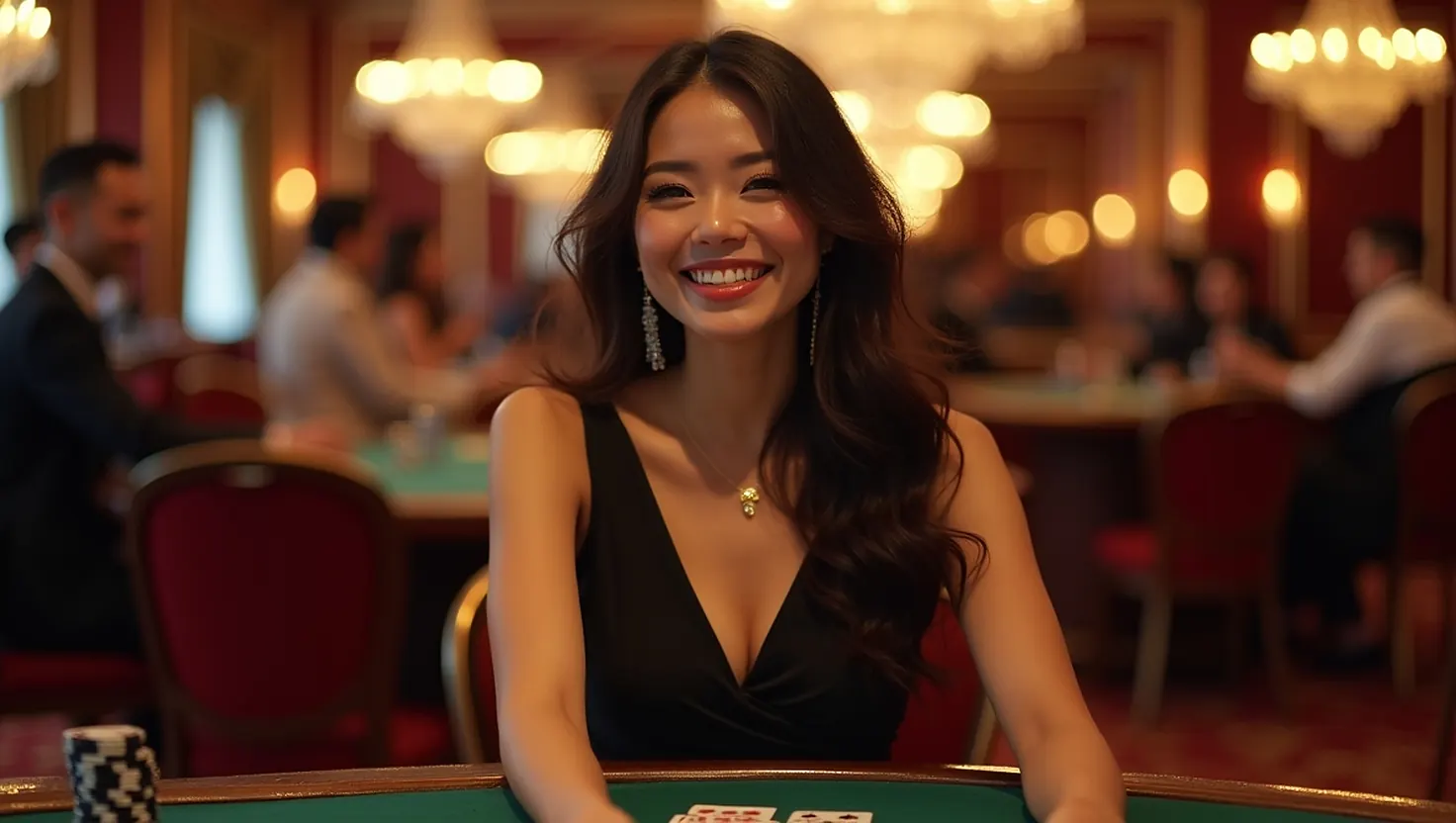 Woman standing beside a green baccarat table with cards on the felt